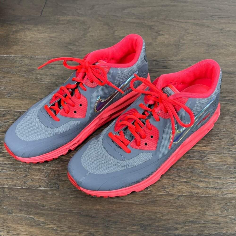 NIKE Air Max Lunarlon Running Shoes Fluorescent Pink Gray Ladies US Sz 9 EUC - Picture 2 of 10